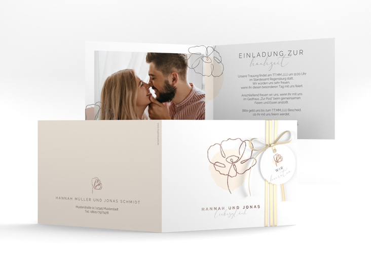 Hochzeitseinladung Flowerline A6 Klappkarte quer apricot rosegold