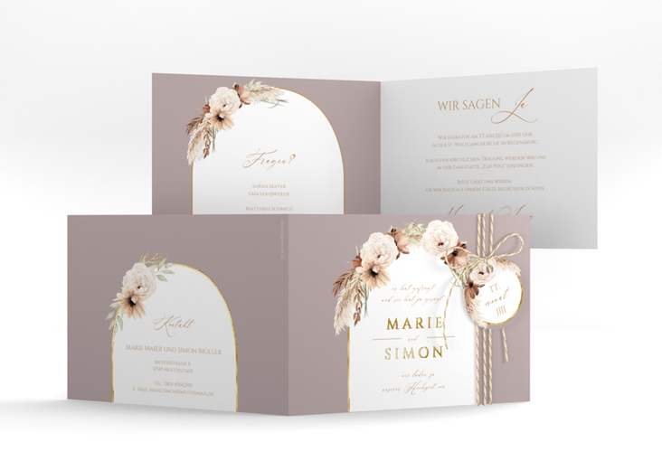 Hochzeitseinladung Blumenbogen A6 Klappkarte quer flieder gold