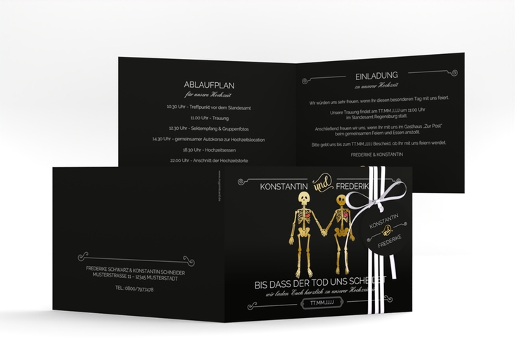 Hochzeitseinladung Bones A6 Klappkarte quer schwarz gold