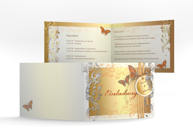 Hochzeitseinladung Toulouse A6 Klappkarte quer orange silber mit Schmetterlingen und Schnörkeln