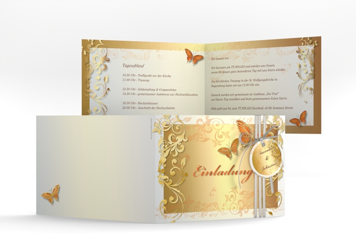 Hochzeitseinladung Toulouse A6 Klappkarte quer orange gold mit Schmetterlingen und Schnörkeln