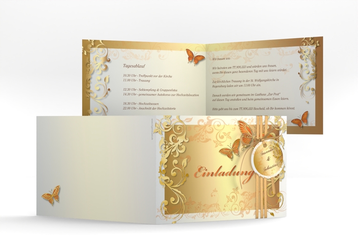Hochzeitseinladung Toulouse A6 Klappkarte quer orange gold mit Schmetterlingen und Schnörkeln