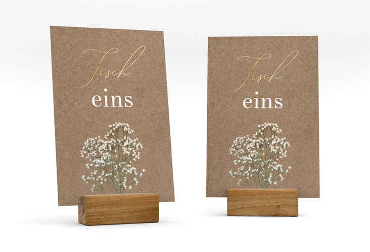 Tischnummer Hochzeit Schleierkraut Tischaufsteller Kraftpapier gold