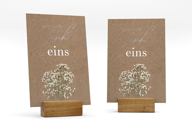 Tischnummer Hochzeit Schleierkraut Tischaufsteller Kraftpapier silber