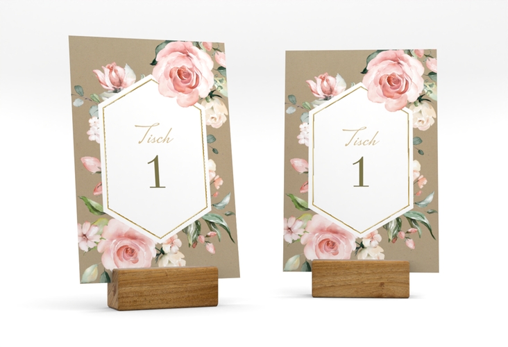 Tischnummer Hochzeit Graceful Tischaufsteller Kraftpapier gold mit Rosenblüten in Rosa und Weiß