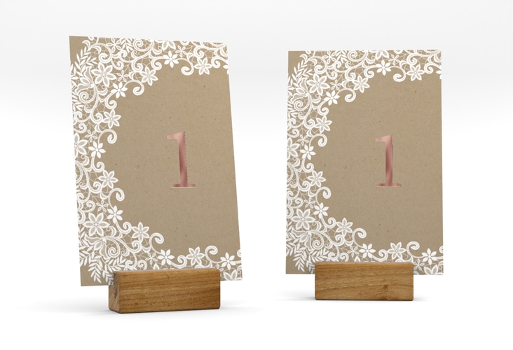 Tischnummer Hochzeit Mariage Tischaufsteller Kraftpapier rosegold mit Bogen aus weißer Spitze