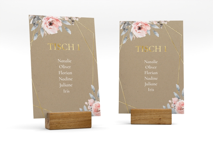Tischaufsteller Hochzeit Perfection Tischaufsteller Kraftpapier gold mit rosa Rosen