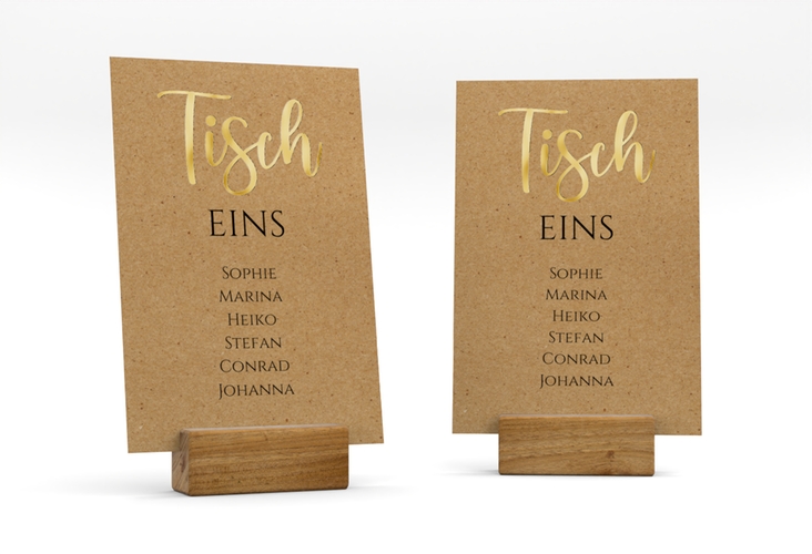 Tischaufsteller Hochzeit Noble Tischaufsteller Kraftpapier gold mit elegantem Schriftzug