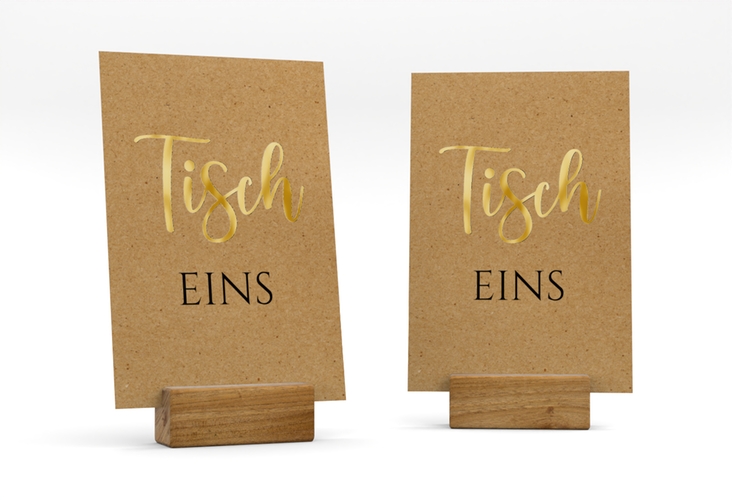 Tischnummer Hochzeit Noble Tischaufsteller Kraftpapier gold mit elegantem Schriftzug