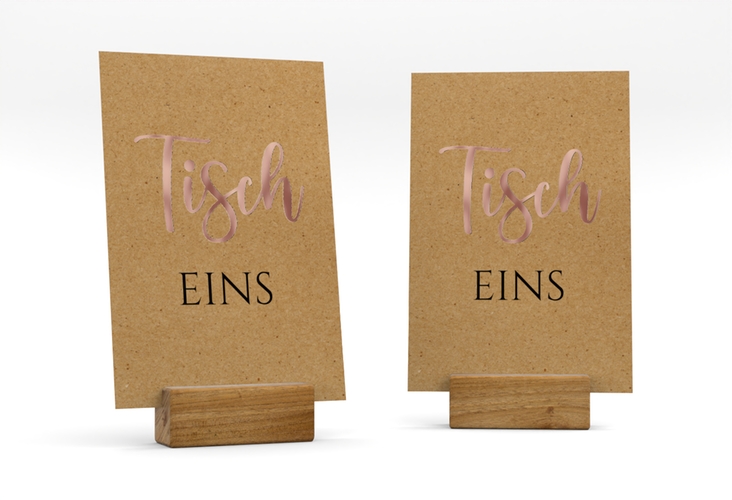 Tischnummer Hochzeit Noble Tischaufsteller Kraftpapier rosegold mit elegantem Schriftzug