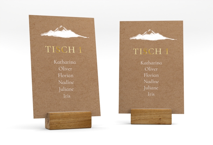 Tischaufsteller Hochzeit Berghochzeit Tischaufsteller Kraftpapier gold mit Berg-Motiv