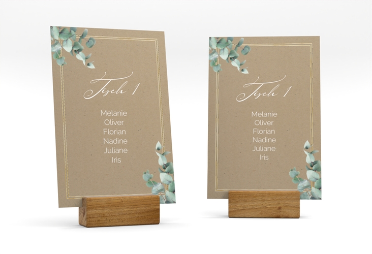Tischaufsteller Hochzeit Eucalypt Tischaufsteller Kraftpapier gold mit Eukalyptus und edlem Rahmen