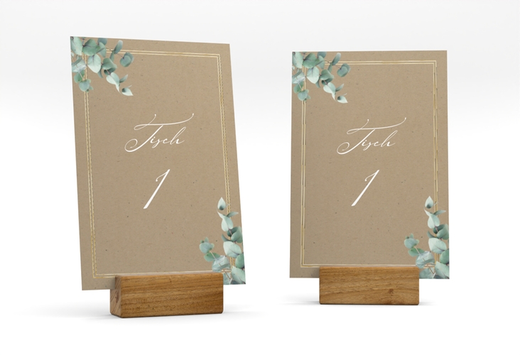 Tischnummer Hochzeit Eucalypt Tischaufsteller Kraftpapier gold mit Eukalyptus und edlem Rahmen
