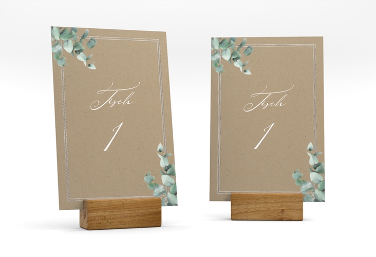 Tischnummer Hochzeit Eucalypt Tischaufsteller Kraftpapier silber mit Eukalyptus und edlem Rahmen
