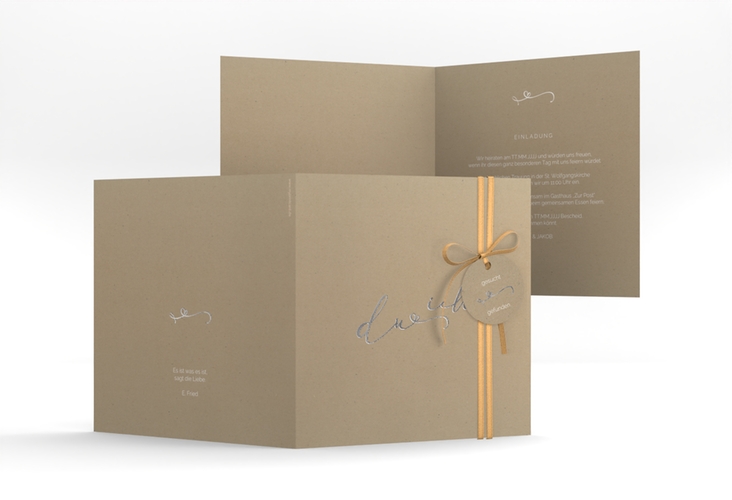 Hochzeitseinladung Zweisamkeit quadr. Klappkarte Kraftpapier silber im minimalistischen Stil mit Aufschrift du & ich