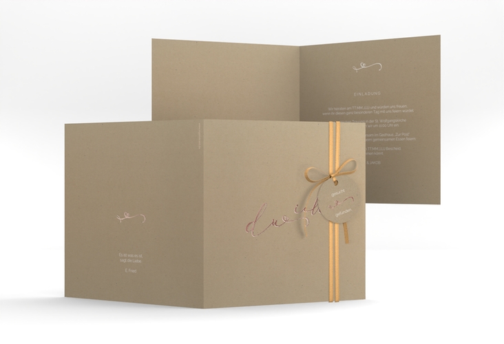 Hochzeitseinladung Zweisamkeit quadr. Klappkarte Kraftpapier rosegold im minimalistischen Stil mit Aufschrift du & ich