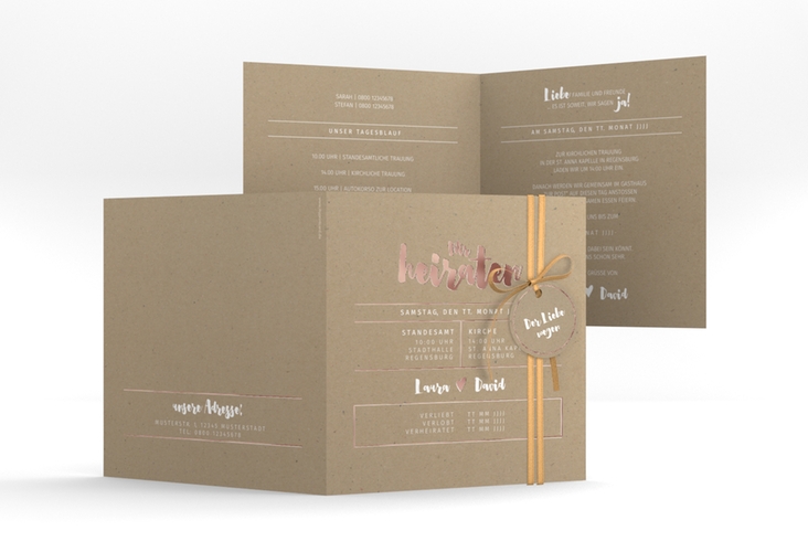 Hochzeitseinladung Letterbox quadr. Klappkarte Kraftpapier rosegold