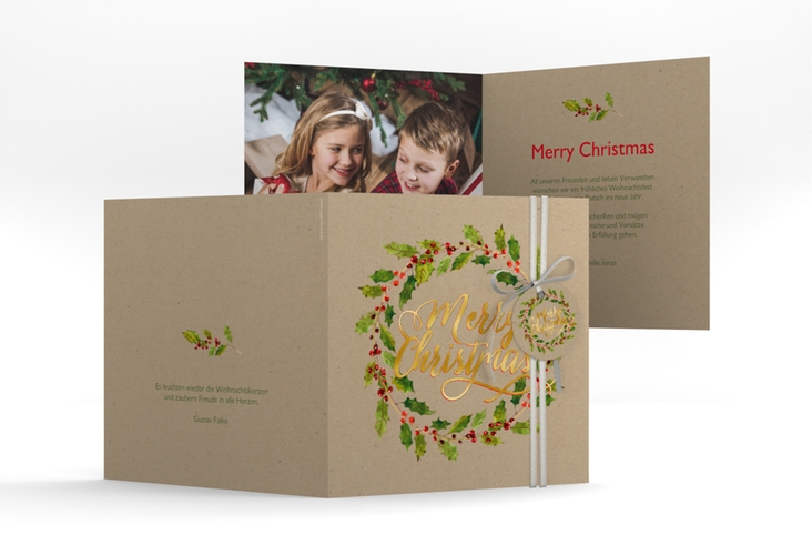 Weihnachtskarte Weihnachtskranz quadr. Klappkarte Kraftpapier gold mit Kranz aus Stechpalme