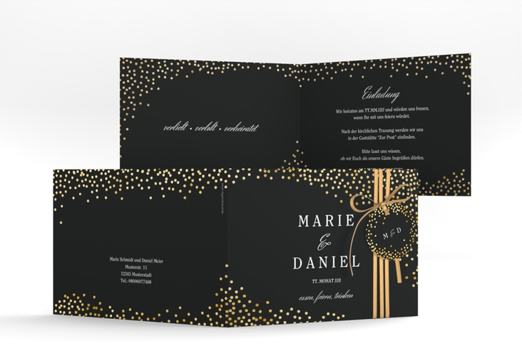 Hochzeitseinladung Glitter A6 Klappkarte quer schwarz gold