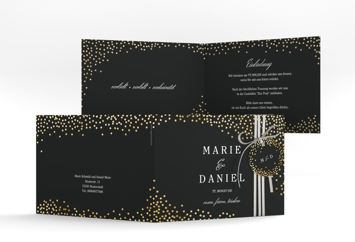 Hochzeitseinladung Glitter A6 Klappkarte quer schwarz gold