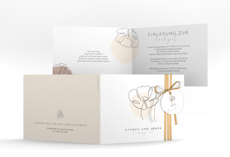 Hochzeitseinladung Flowerline A6 Klappkarte quer apricot silber