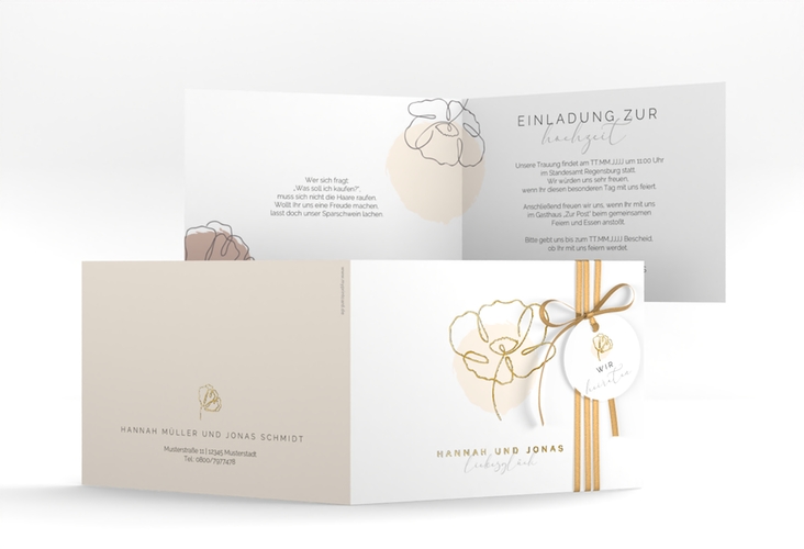 Hochzeitseinladung Flowerline A6 Klappkarte quer apricot gold