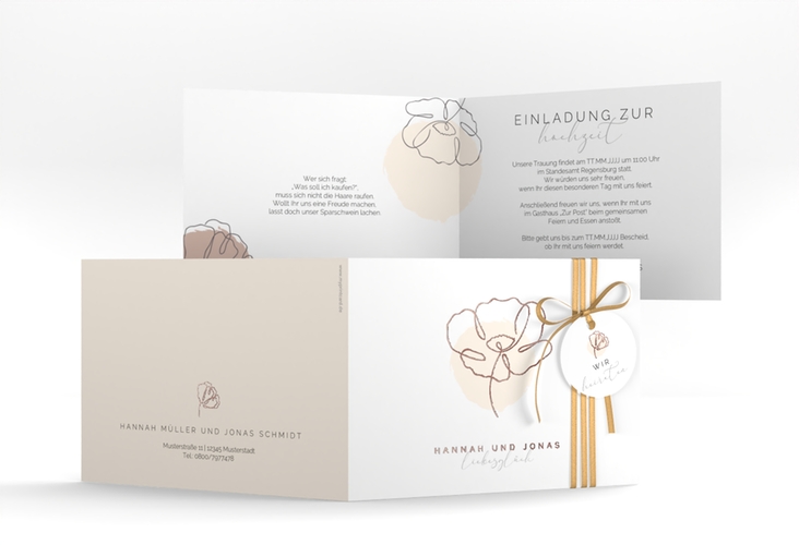 Hochzeitseinladung Flowerline A6 Klappkarte quer apricot rosegold