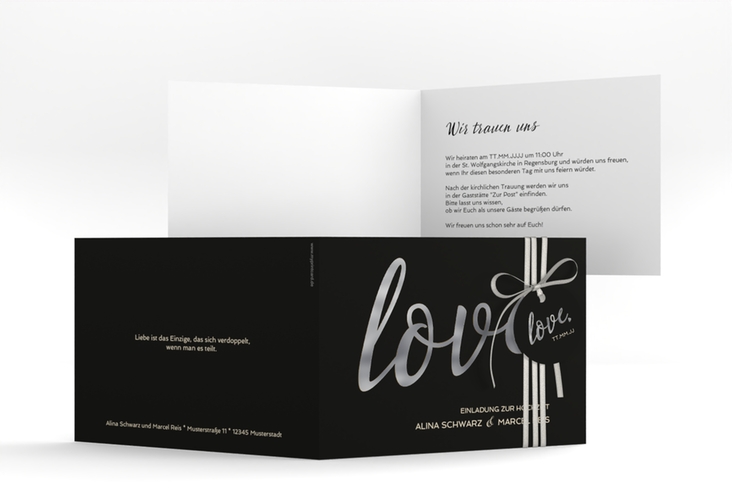 Hochzeitseinladung Glam A6 Klappkarte quer schwarz silber