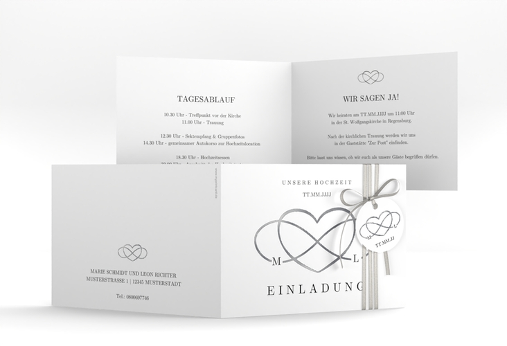 Hochzeitseinladung Infinity A6 Klappkarte quer schwarz silber