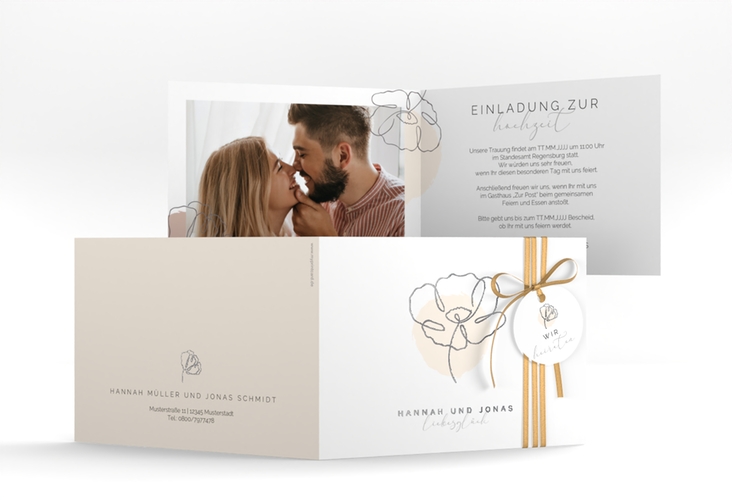 Hochzeitseinladung Flowerline A6 Klappkarte quer apricot silber