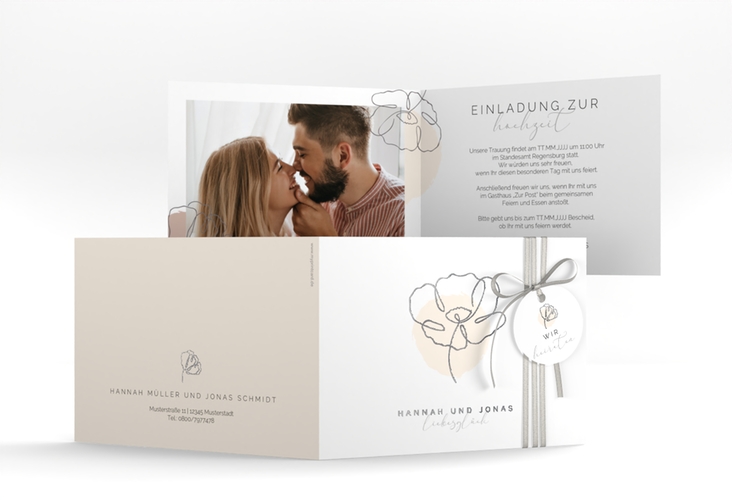 Hochzeitseinladung Flowerline A6 Klappkarte quer apricot silber