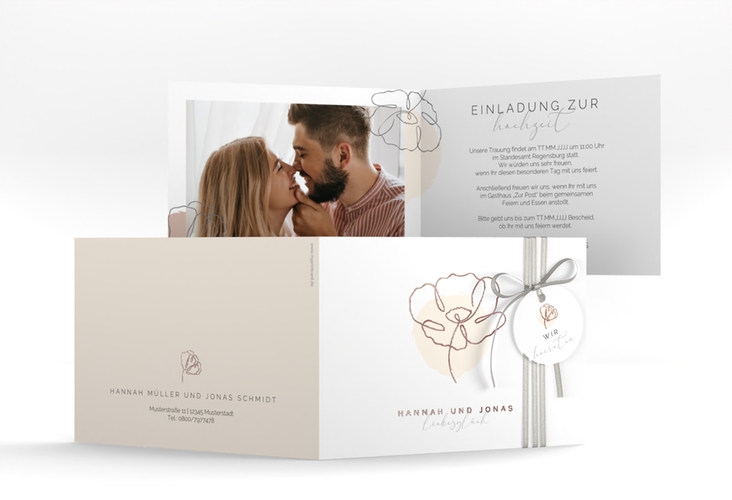 Hochzeitseinladung Flowerline A6 Klappkarte quer apricot rosegold