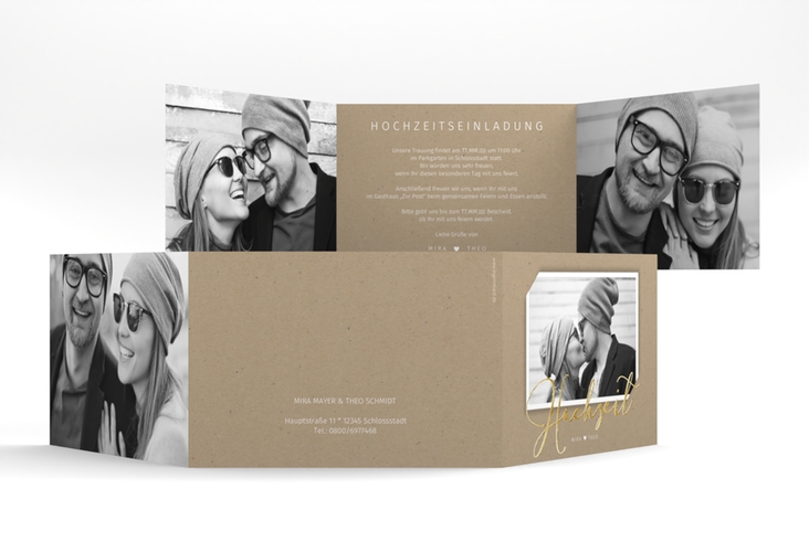Hochzeitseinladung Crafty A6 Doppel-Klappkarte gold mit Schwarzweiß-Foto