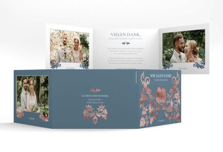 Danksagungskarte Royal A6 Doppel-Klappkarte rosegold mit barockem Blumen-Ornament