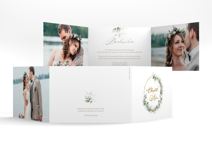 Danksagungskarte Hochzeit Selvatica A6 Doppel-Klappkarte gold mit Eukalyptus-Kranz