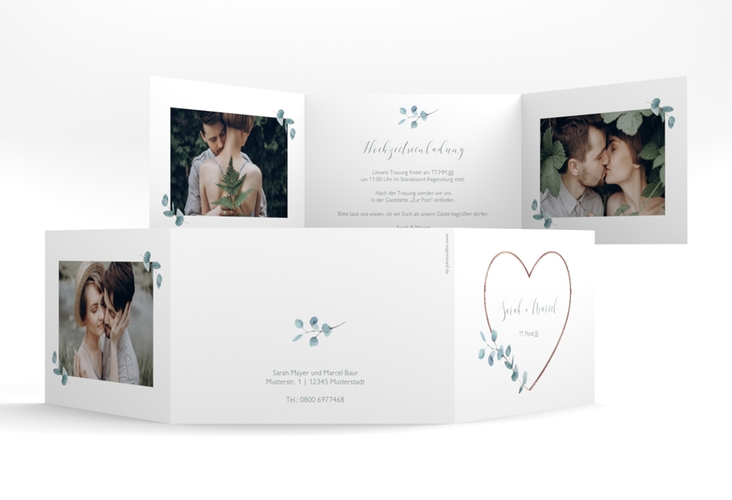 Hochzeitseinladung Greenheart A6 Doppel-Klappkarte rosegold mit elegantem Herz und Eukalyptus-Zweig