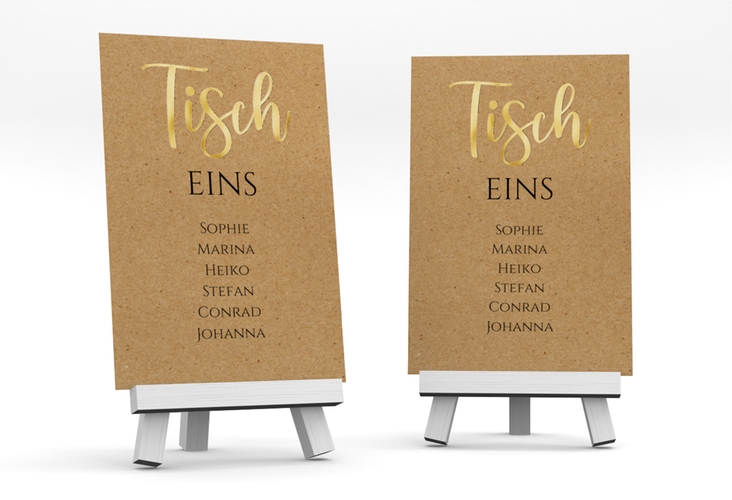 Tischaufsteller Hochzeit Noble Tischaufsteller Kraftpapier gold mit elegantem Schriftzug