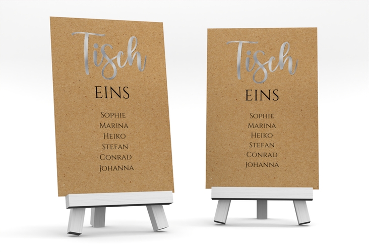 Tischaufsteller Hochzeit Noble Tischaufsteller Kraftpapier silber mit elegantem Schriftzug