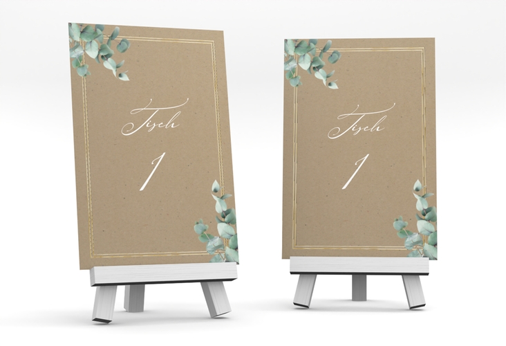 Tischnummer Hochzeit Eucalypt Tischaufsteller Kraftpapier gold mit Eukalyptus und edlem Rahmen