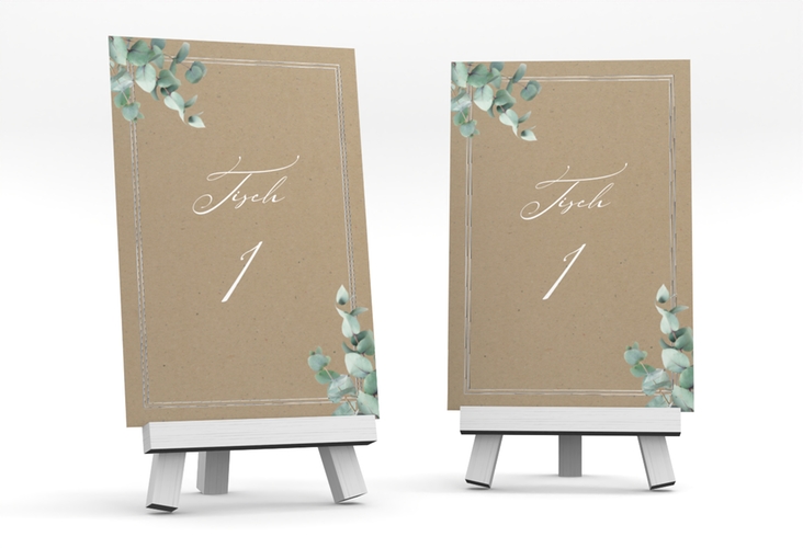 Tischnummer Hochzeit Eucalypt Tischaufsteller Kraftpapier silber mit Eukalyptus und edlem Rahmen