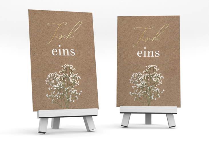Tischnummer Hochzeit Schleierkraut Tischaufsteller Kraftpapier gold