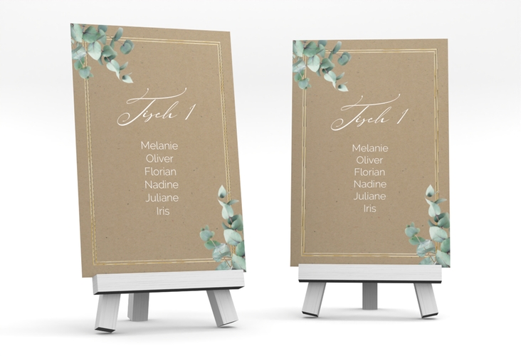 Tischaufsteller Hochzeit Eucalypt Tischaufsteller Kraftpapier gold mit Eukalyptus und edlem Rahmen