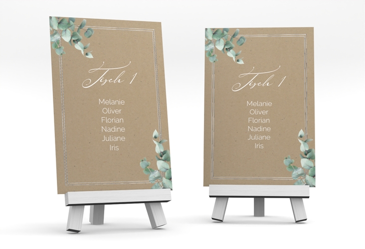 Tischaufsteller Hochzeit Eucalypt Tischaufsteller Kraftpapier silber mit Eukalyptus und edlem Rahmen