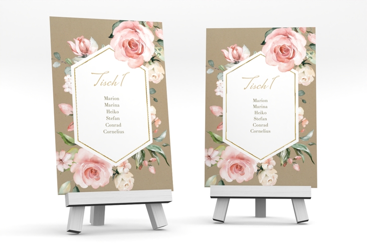 Tischaufsteller Hochzeit Graceful Tischaufsteller Kraftpapier gold mit Rosenblüten in Rosa und Weiß