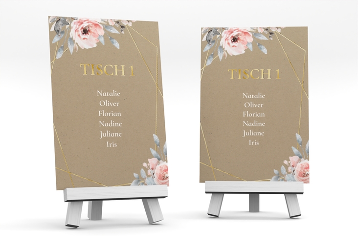 Tischaufsteller Hochzeit Perfection Tischaufsteller Kraftpapier gold mit rosa Rosen