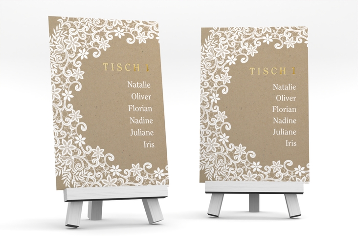 Tischaufsteller Hochzeit Mariage Tischaufsteller Kraftpapier gold mit Bogen aus weißer Spitze