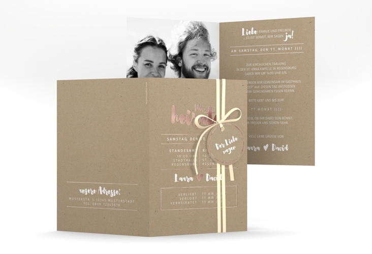 Einladungskarte Hochzeit Letterbox A6 Klappkarte hoch Kraftpapier rosegold