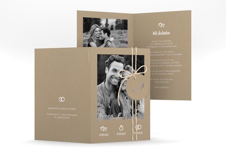 Einladungskarte Hochzeit Icons A6 Klappkarte hoch Kraftpapier silber im Kraftpapier-Look mit Foto
