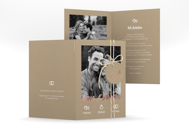 Einladungskarte Hochzeit Icons A6 Klappkarte hoch Kraftpapier rosegold im Kraftpapier-Look mit Foto