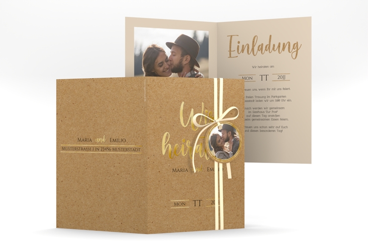 Einladungskarte Hochzeit "Noble" A6 Klappkarte hoch Kraftpapier gold mit elegantem Schriftzug